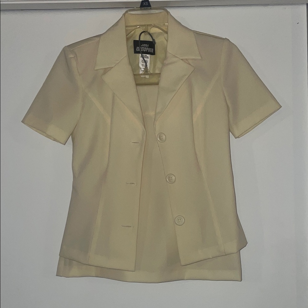 ASOS Women's Beige Suit with a Short Sleeve blazer and skirt.